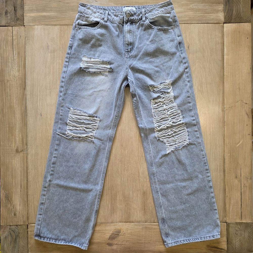Angel Kiss Gray Distressed Wide Leg Jeans Size 28 High Rise Raw Hem Streetwear